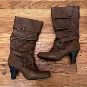 Bakers Natali Brown Leather Slouchy Buckle Heeled Boots Mid Calf Boho Chic 6.5